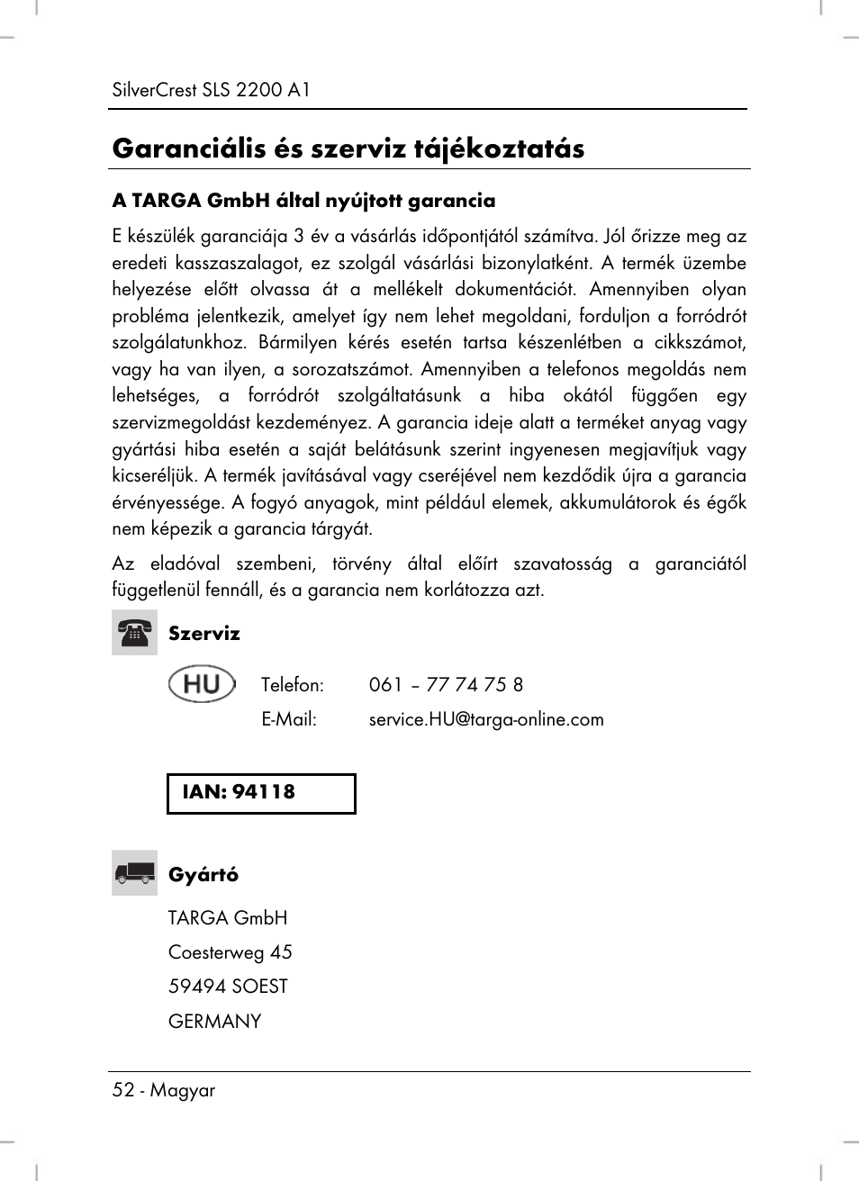 Garanciális és szerviz tájékoztatás | Silvercrest SLS 2200 A1 User Manual | Page 54 / 120