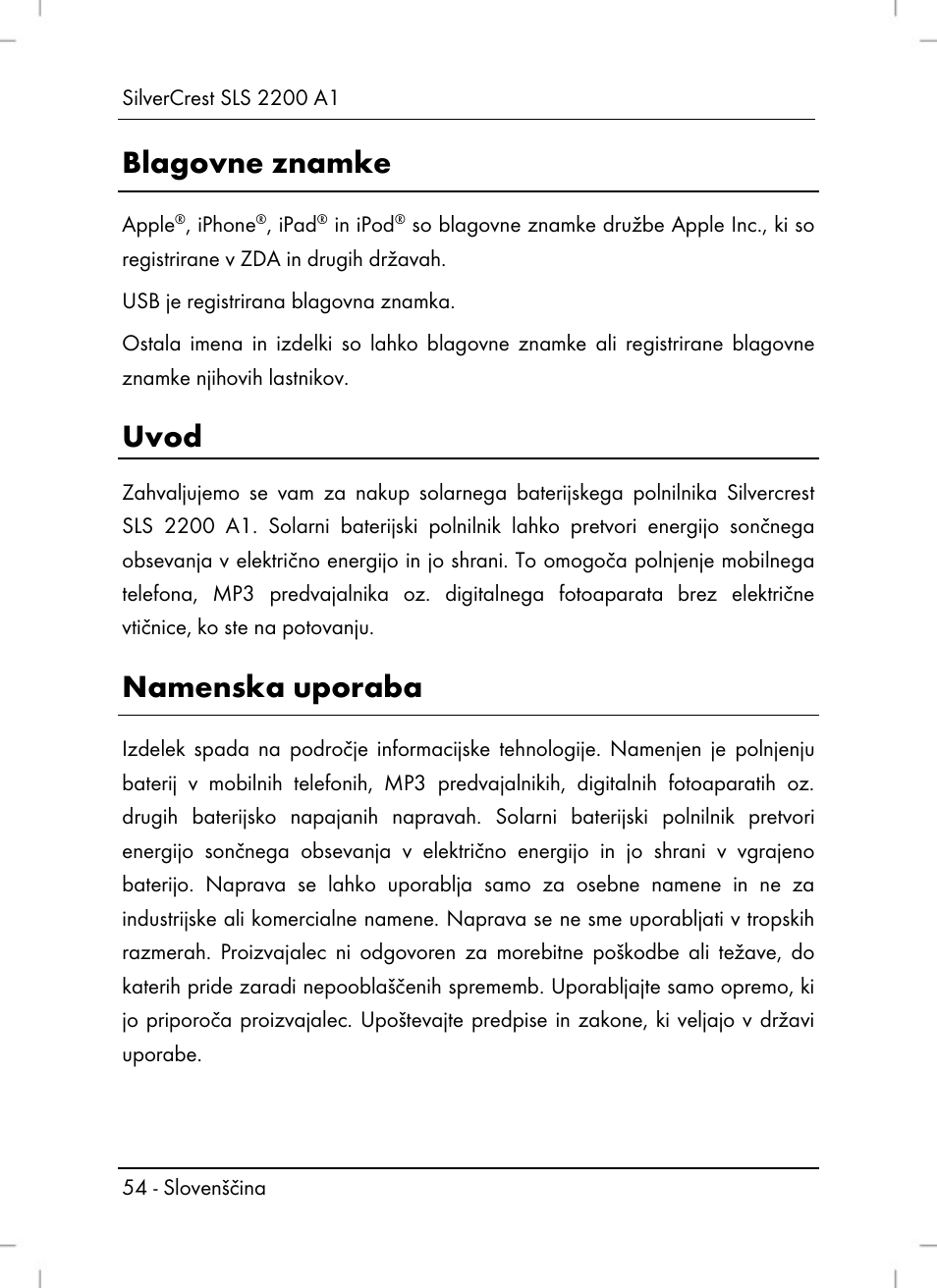 Blagovne znamke, Uvod, Namenska uporaba | Silvercrest SLS 2200 A1 User Manual | Page 56 / 120