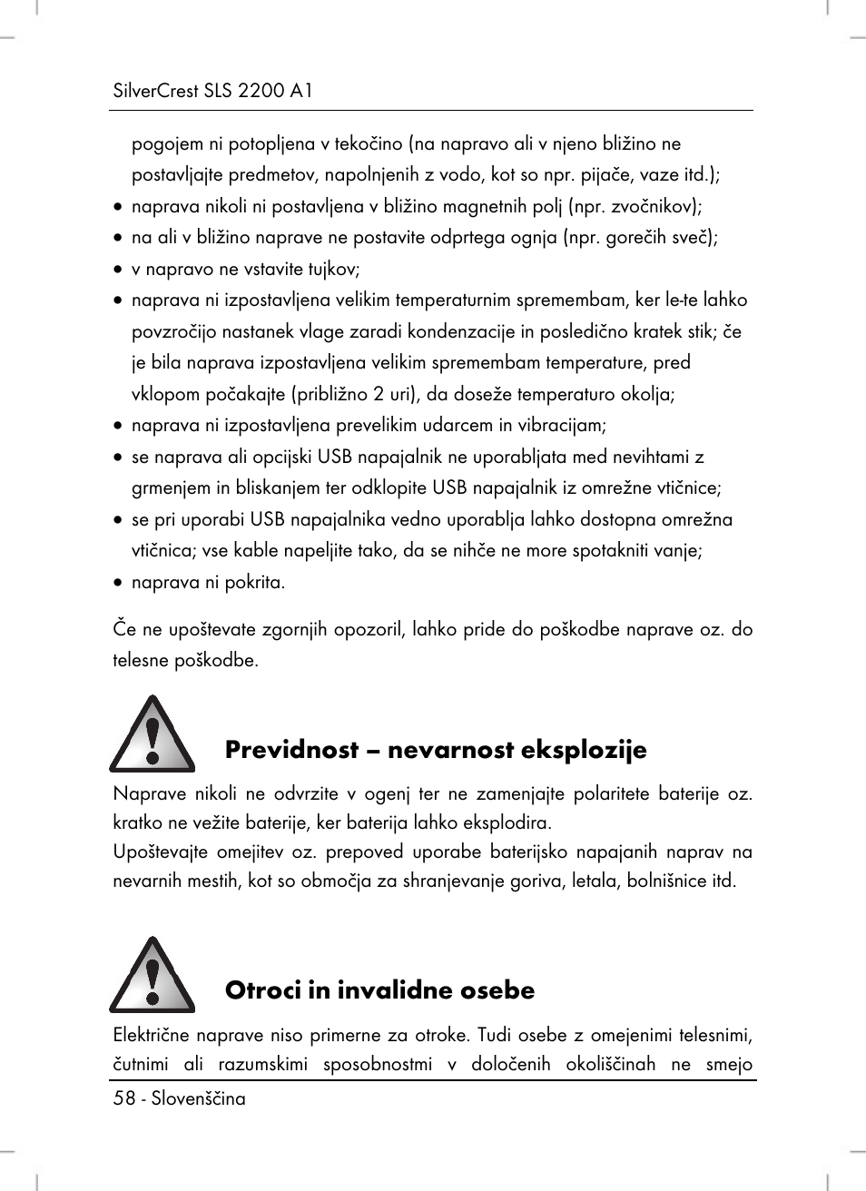 Previdnost – nevarnost eksplozije, Otroci in invalidne osebe | Silvercrest SLS 2200 A1 User Manual | Page 60 / 120