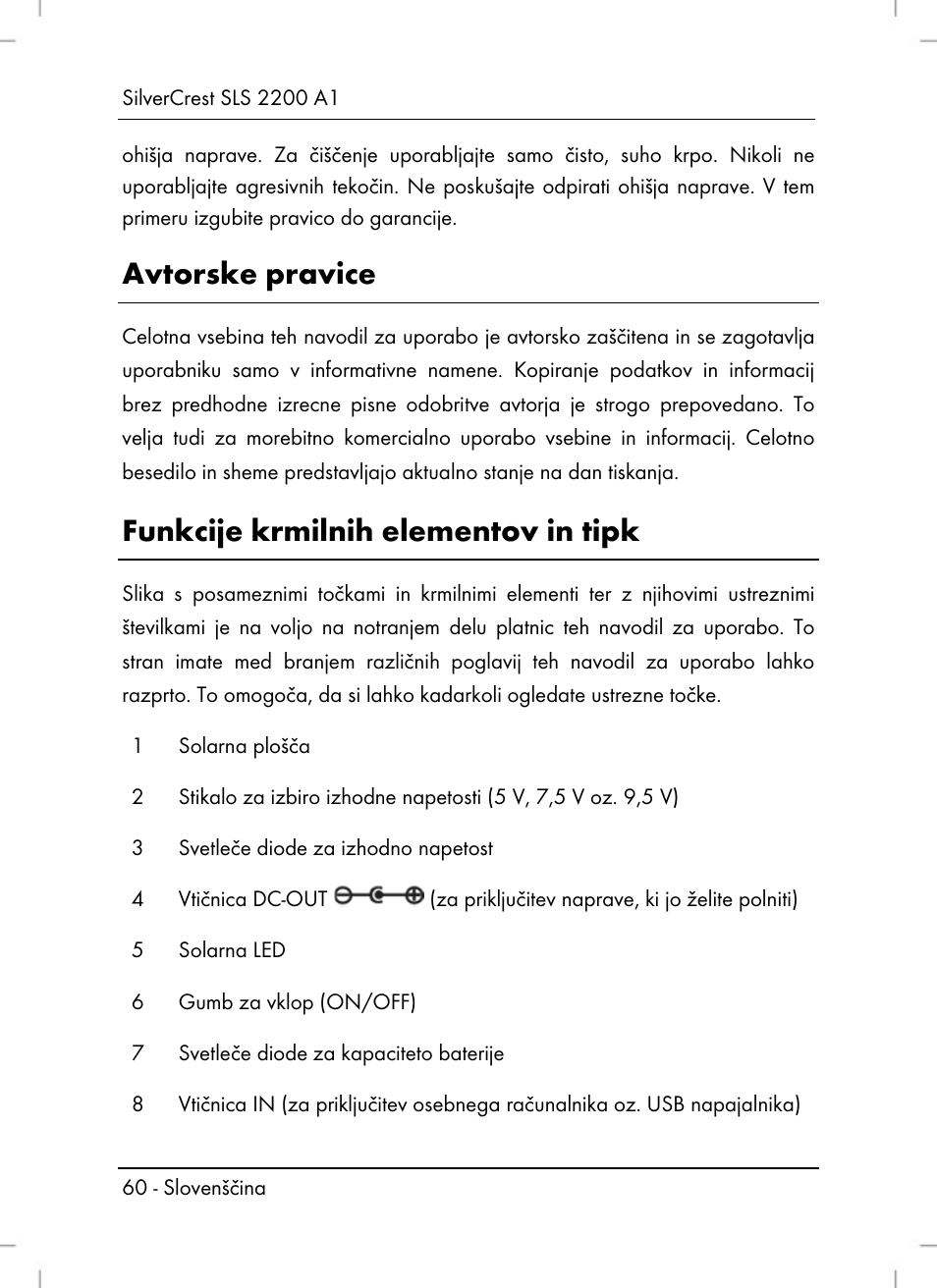 Avtorske pravice, Funkcije krmilnih elementov in tipk | Silvercrest SLS 2200 A1 User Manual | Page 62 / 120