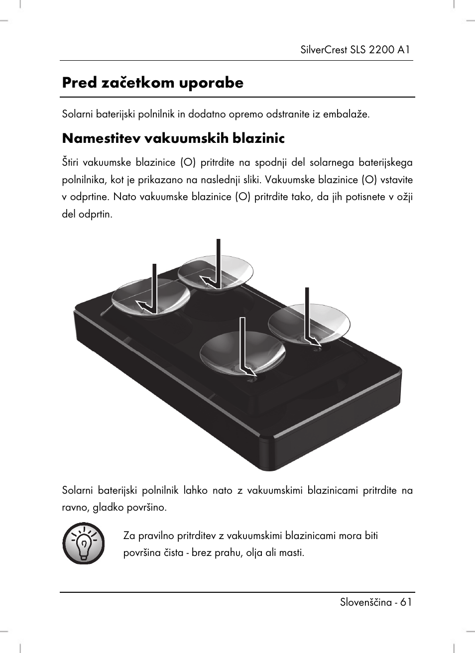 Pred začetkom uporabe, Namestitev vakuumskih blazinic | Silvercrest SLS 2200 A1 User Manual | Page 63 / 120