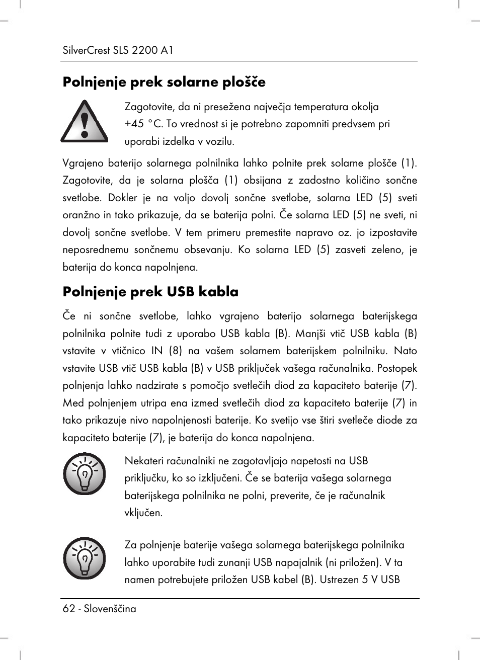 Polnjenje prek solarne plošče, Polnjenje prek usb kabla | Silvercrest SLS 2200 A1 User Manual | Page 64 / 120