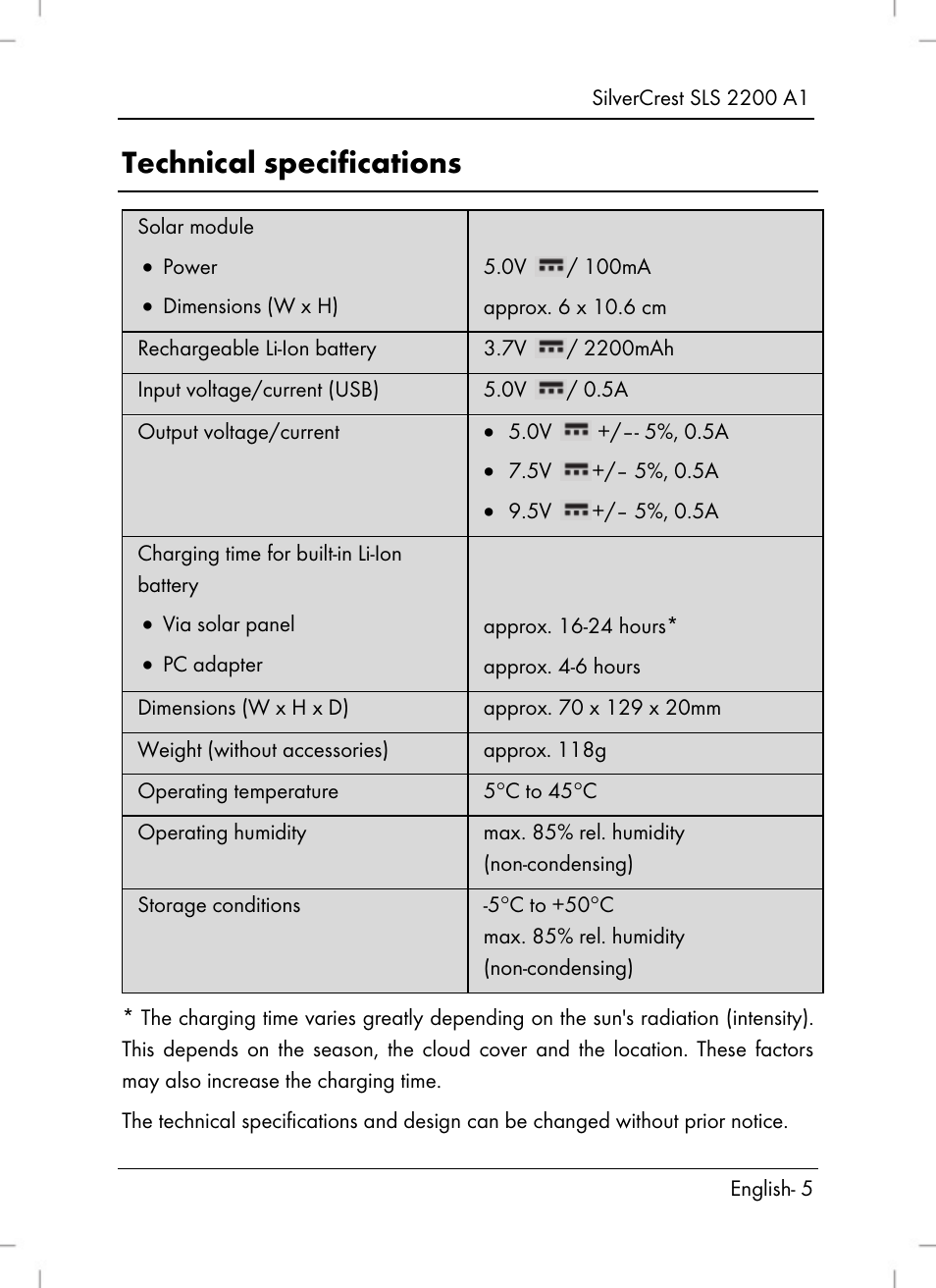 Technical specifications | Silvercrest SLS 2200 A1 User Manual | Page 7 / 120