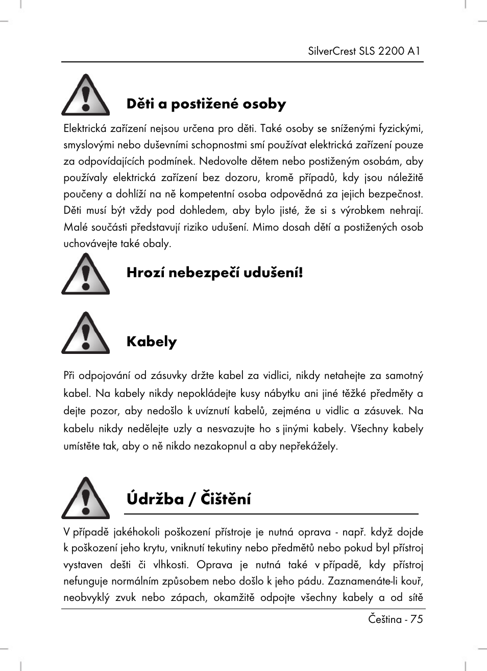 Údržba / čištění, Děti a postižené osoby, Hrozí nebezpečí udušení | Kabely | Silvercrest SLS 2200 A1 User Manual | Page 77 / 120
