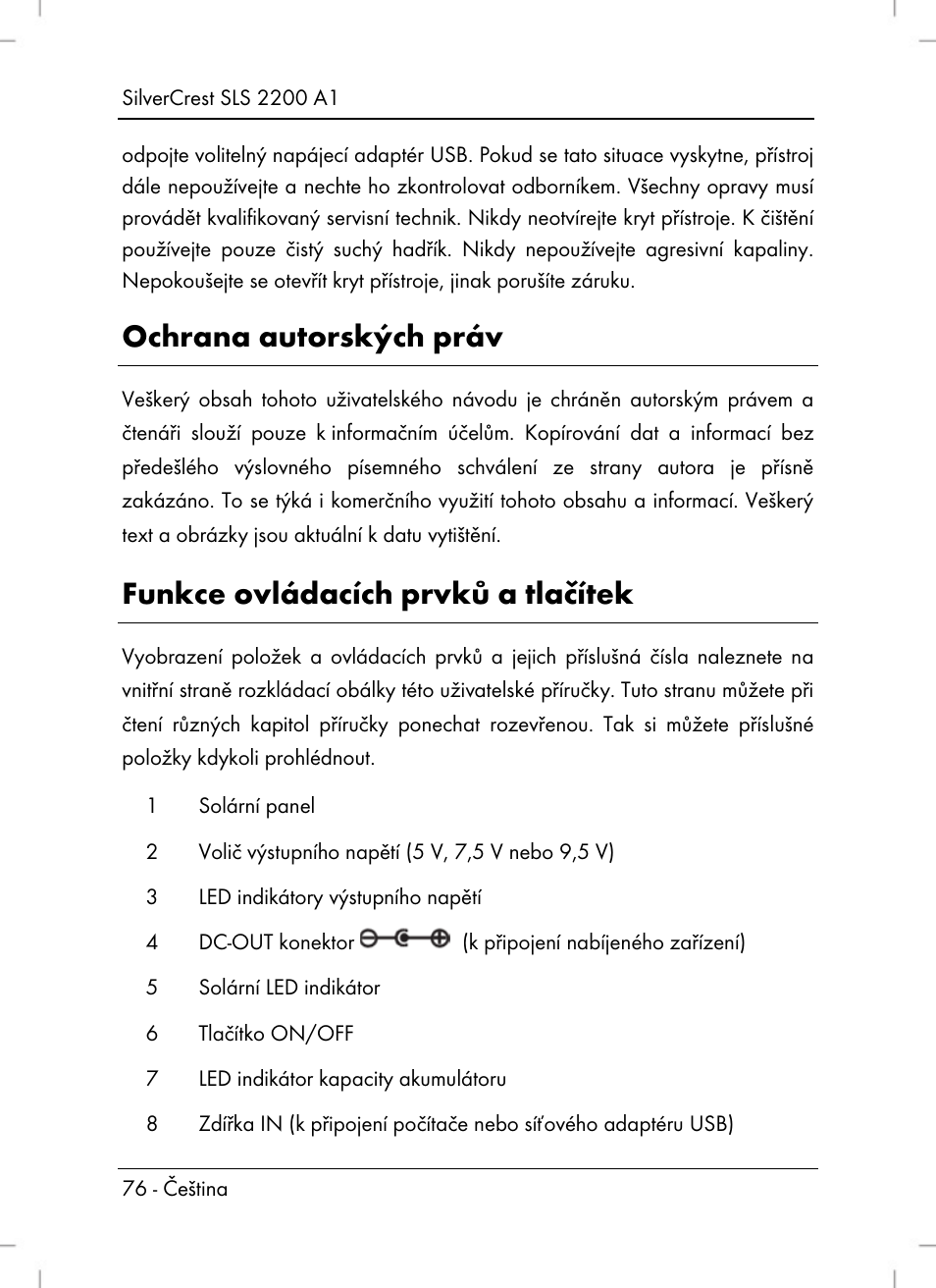 Ochrana autorských práv, Funkce ovládacích prvků a tlačítek | Silvercrest SLS 2200 A1 User Manual | Page 78 / 120