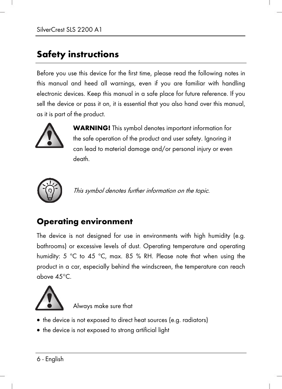 Safety instructions, Operating environment | Silvercrest SLS 2200 A1 User Manual | Page 8 / 120