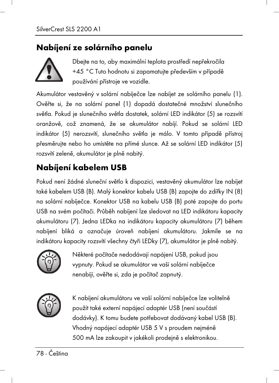 Nabíjení ze solárního panelu, Nabíjení kabelem usb | Silvercrest SLS 2200 A1 User Manual | Page 80 / 120