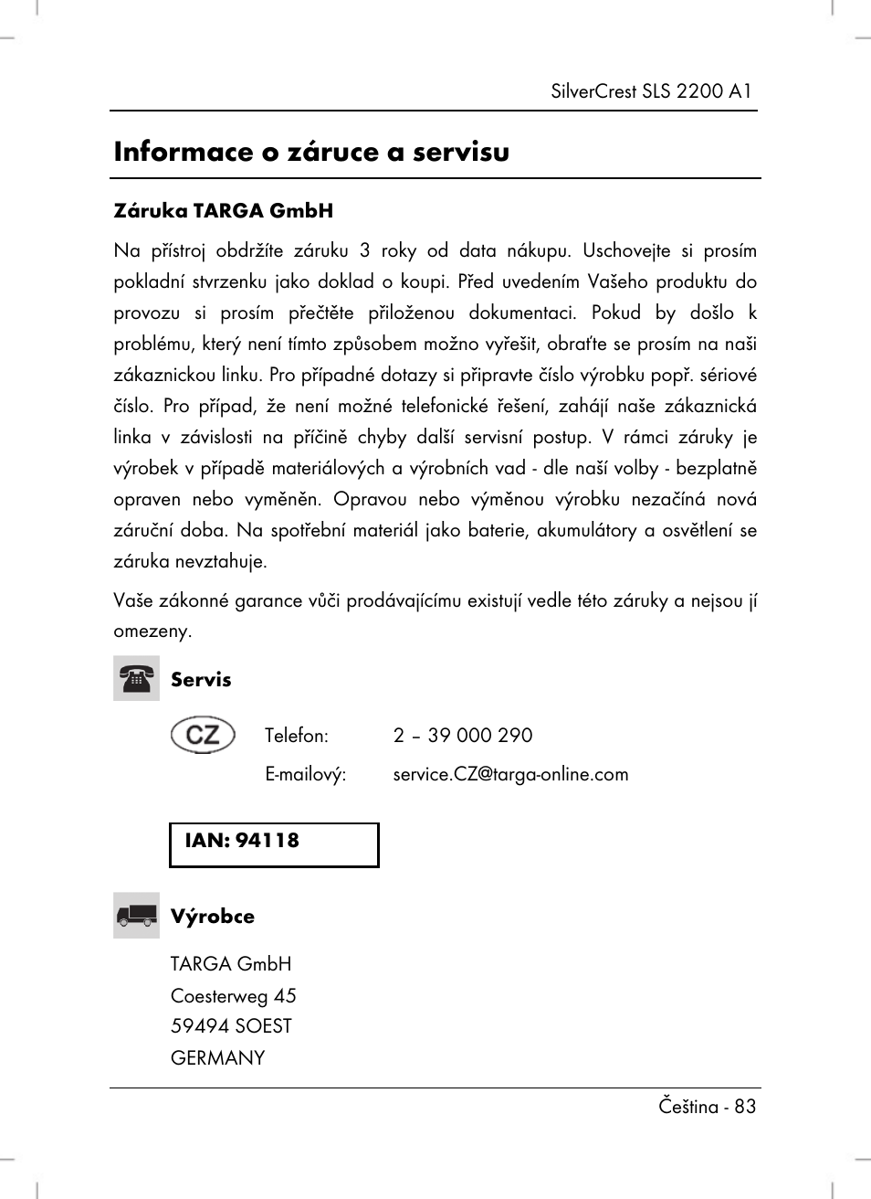 Informace o záruce a servisu | Silvercrest SLS 2200 A1 User Manual | Page 85 / 120