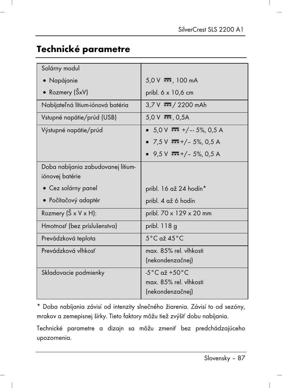 Technické parametre | Silvercrest SLS 2200 A1 User Manual | Page 89 / 120