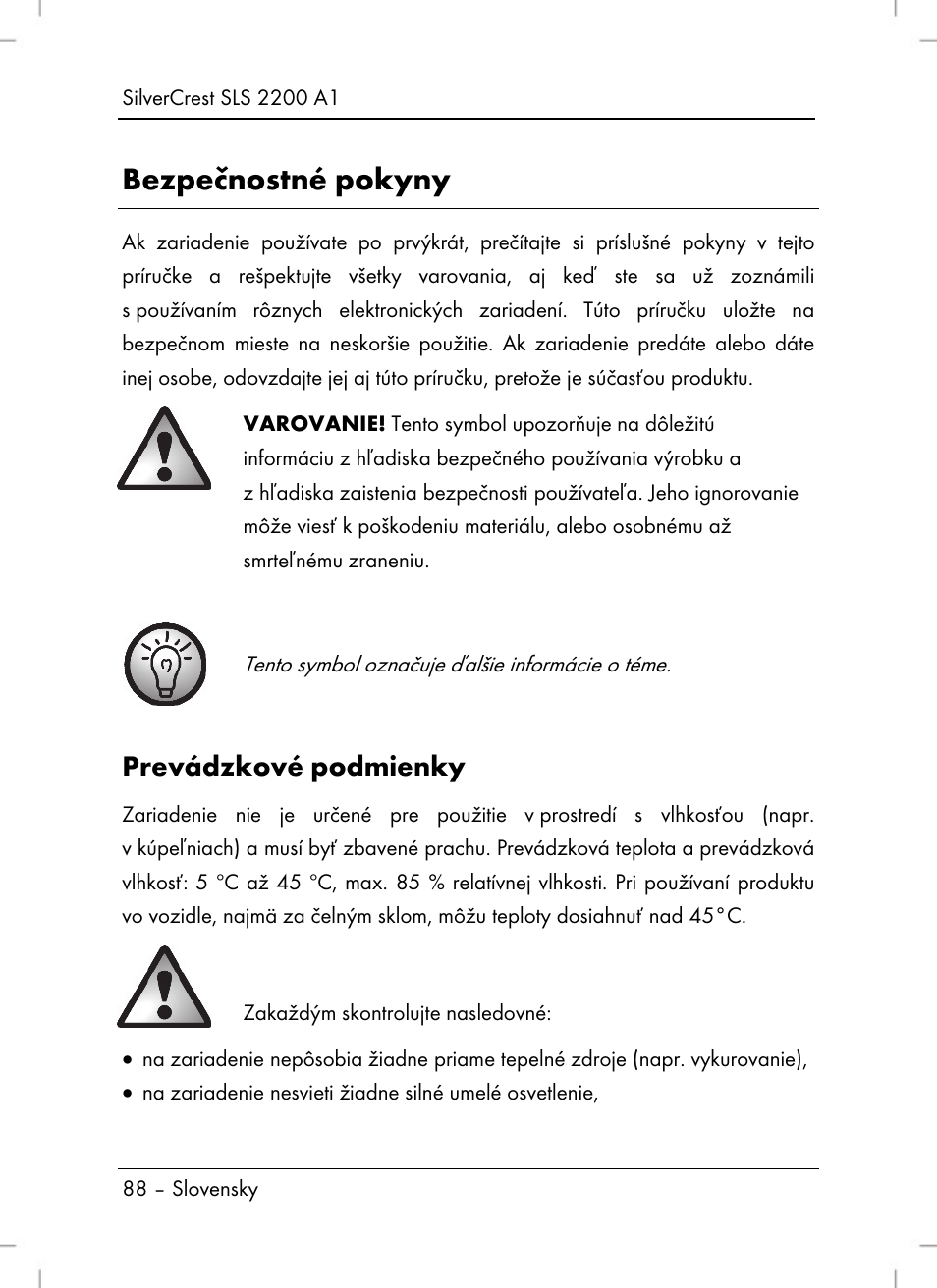 Bezpečnostné pokyny, Prevádzkové podmienky | Silvercrest SLS 2200 A1 User Manual | Page 90 / 120