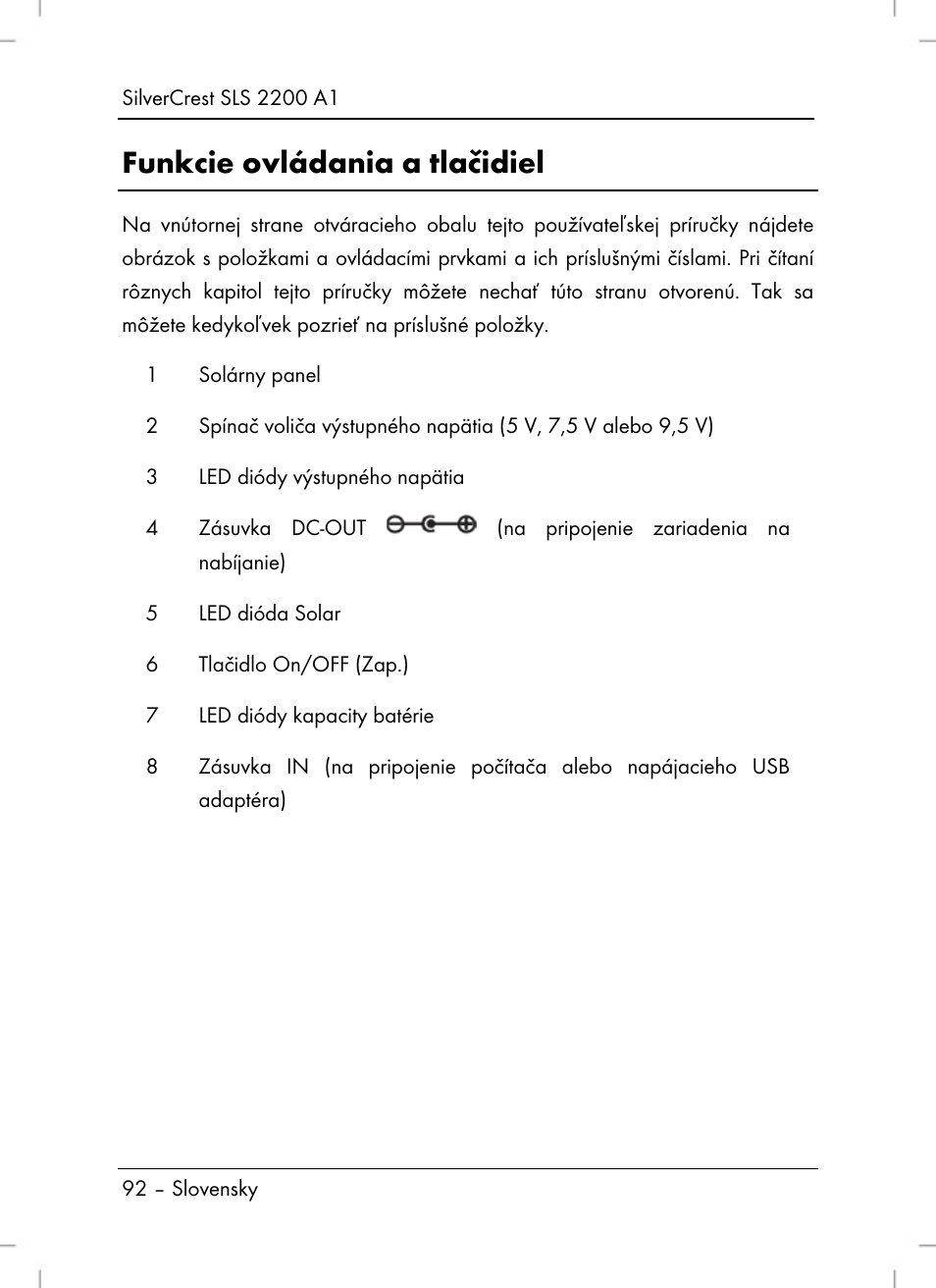 Funkcie ovládania a tlačidiel | Silvercrest SLS 2200 A1 User Manual | Page 94 / 120