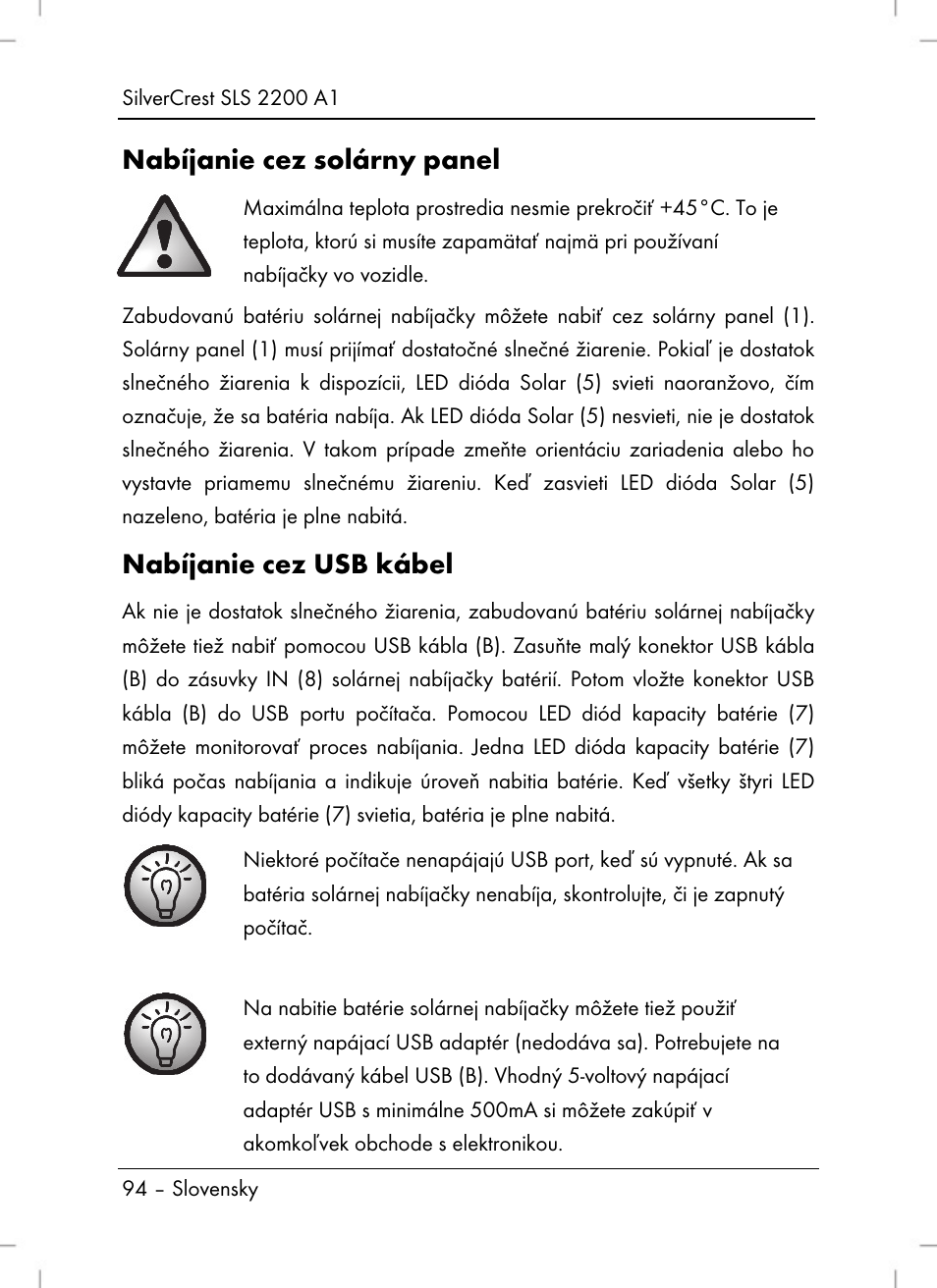 Nabíjanie cez solárny panel, Nabíjanie cez usb kábel | Silvercrest SLS 2200 A1 User Manual | Page 96 / 120