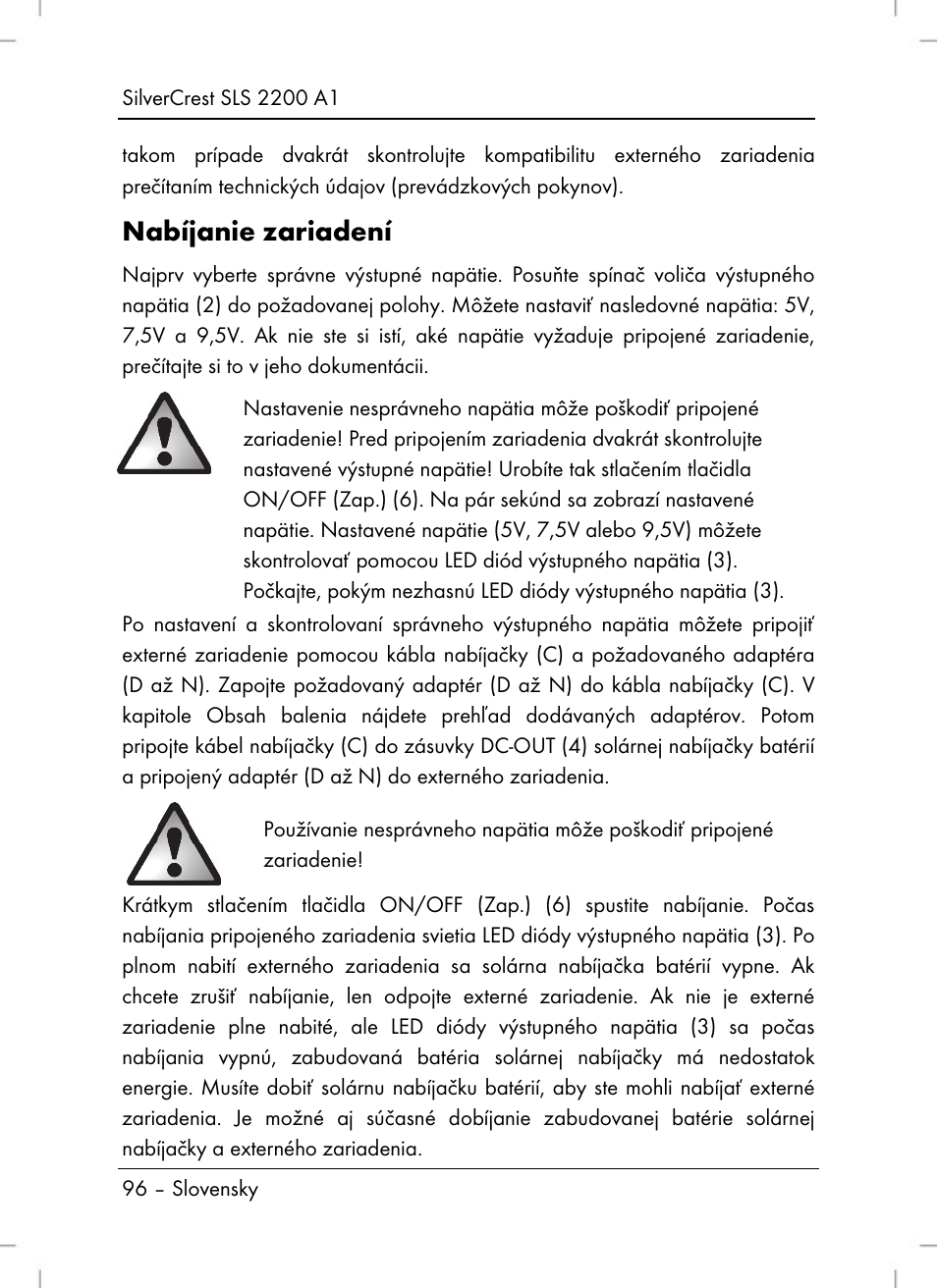 Nabíjanie zariadení | Silvercrest SLS 2200 A1 User Manual | Page 98 / 120