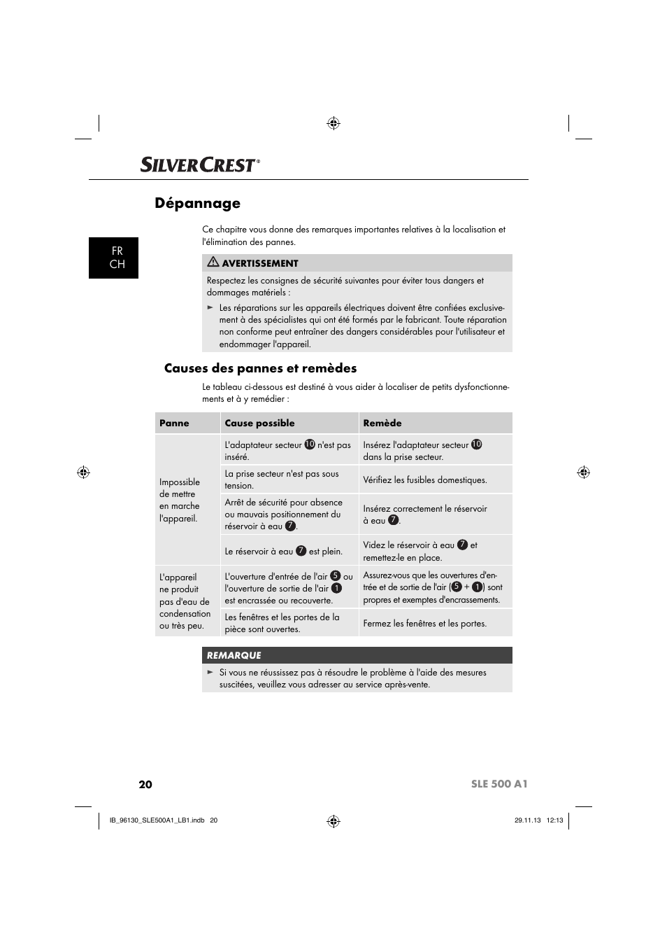 Dépannage, Causes des pannes et remèdes, Fr ch | Silvercrest SLE 500 A1 User Manual | Page 23 / 52