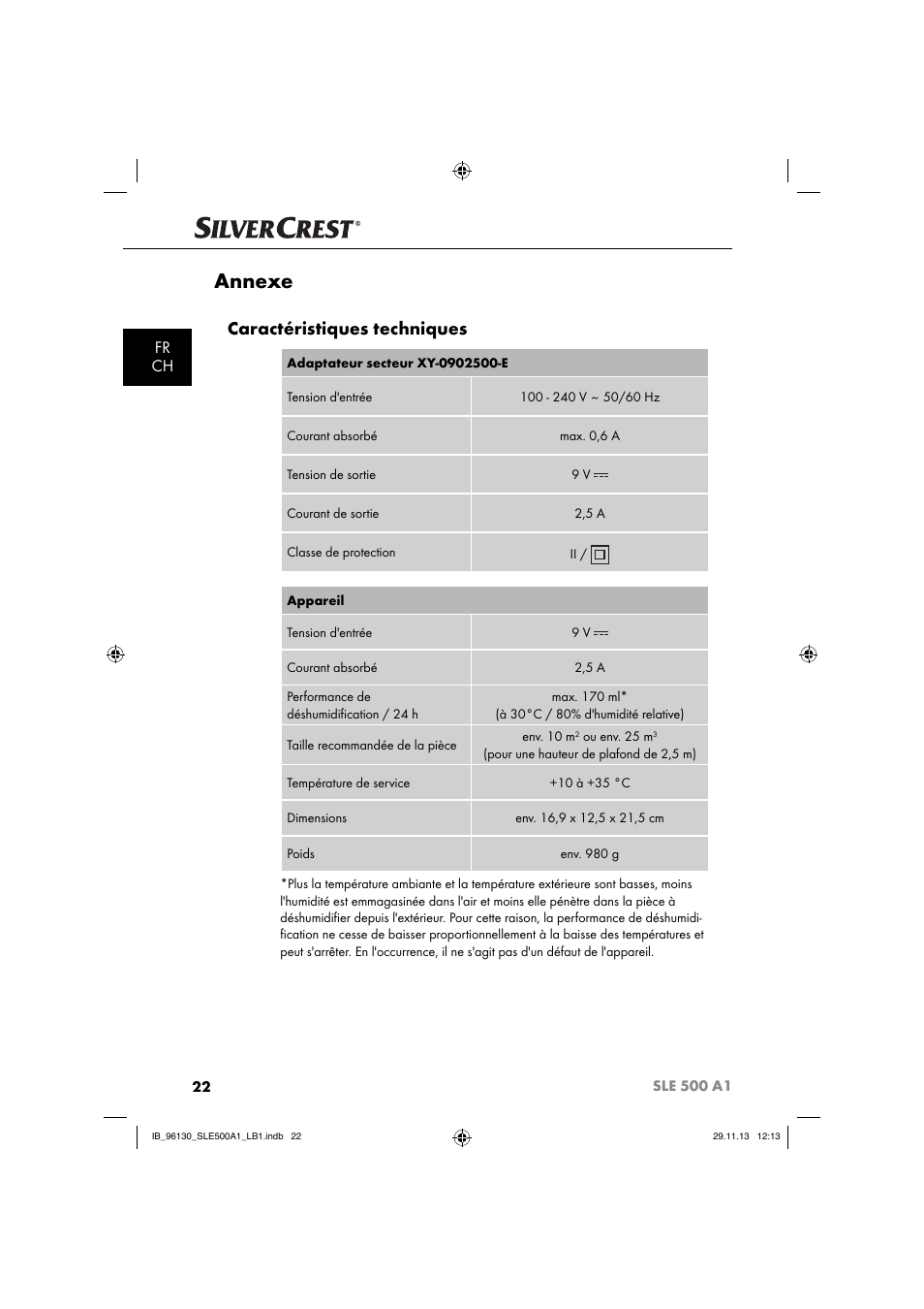 Annexe, Caractéristiques techniques, Fr ch | Silvercrest SLE 500 A1 User Manual | Page 25 / 52