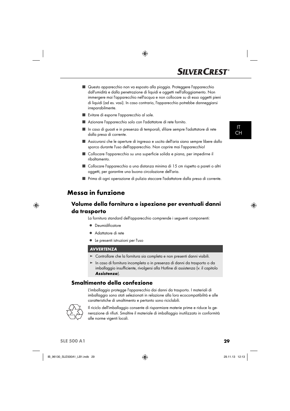 Messa in funzione, Smaltimento della confezione, It ch | Silvercrest SLE 500 A1 User Manual | Page 32 / 52