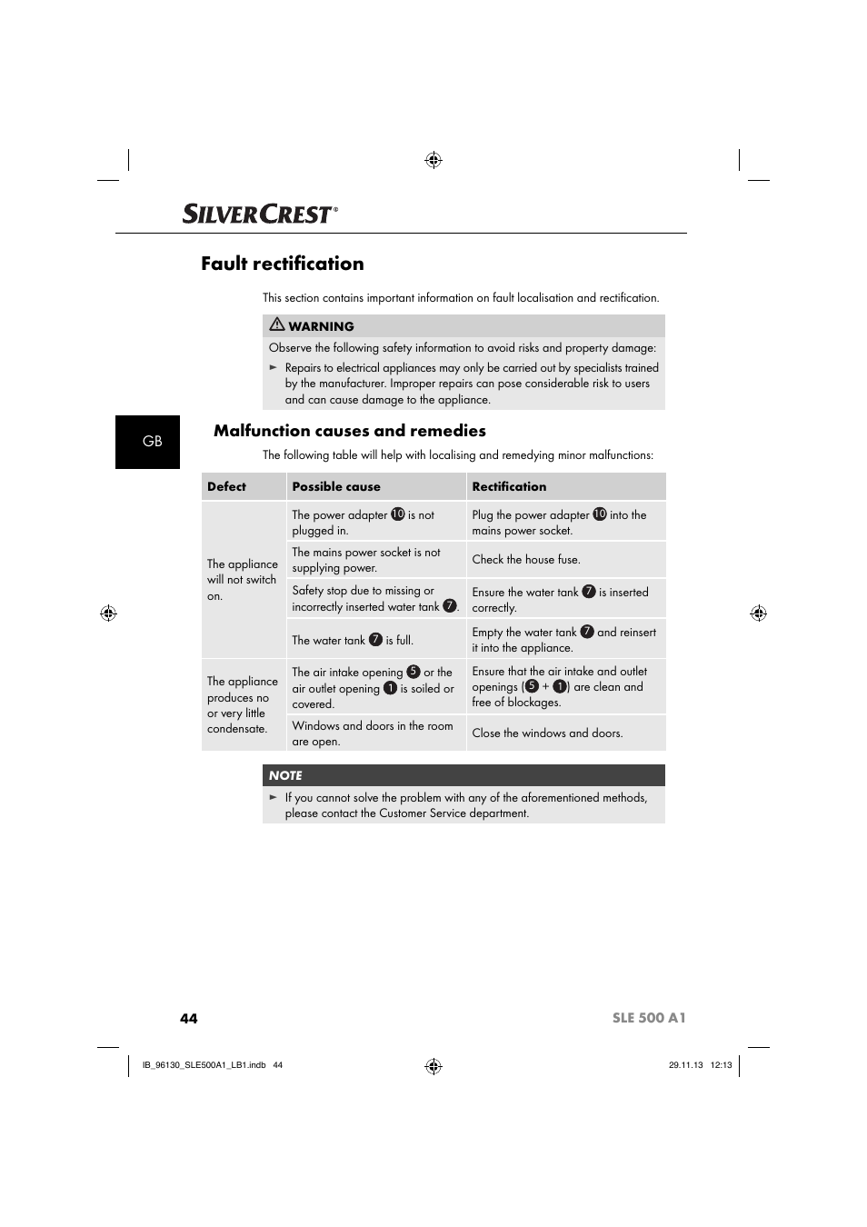 Fault rectiﬁ cation, Malfunction causes and remedies | Silvercrest SLE 500 A1 User Manual | Page 47 / 52