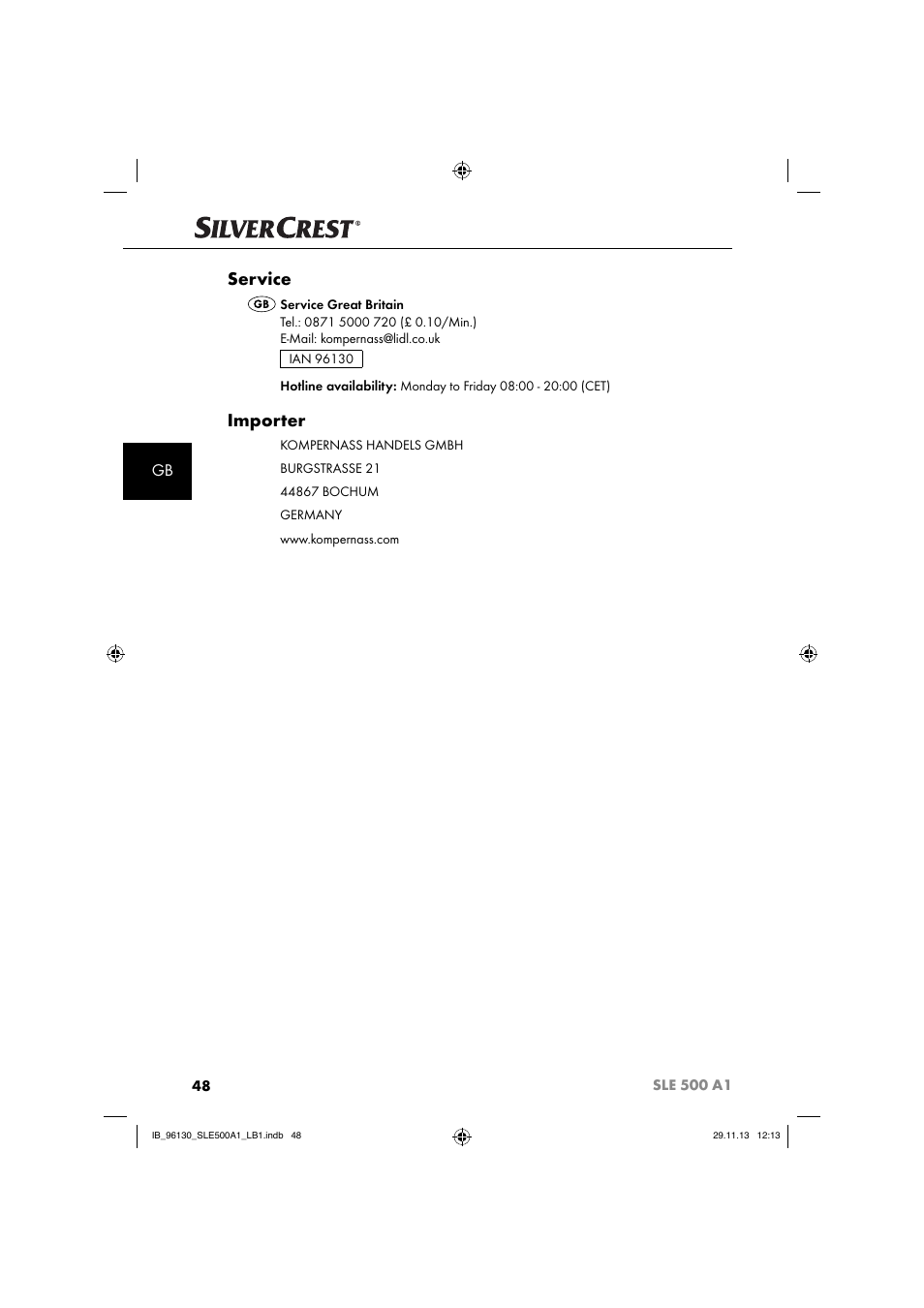 Service, Importer | Silvercrest SLE 500 A1 User Manual | Page 51 / 52