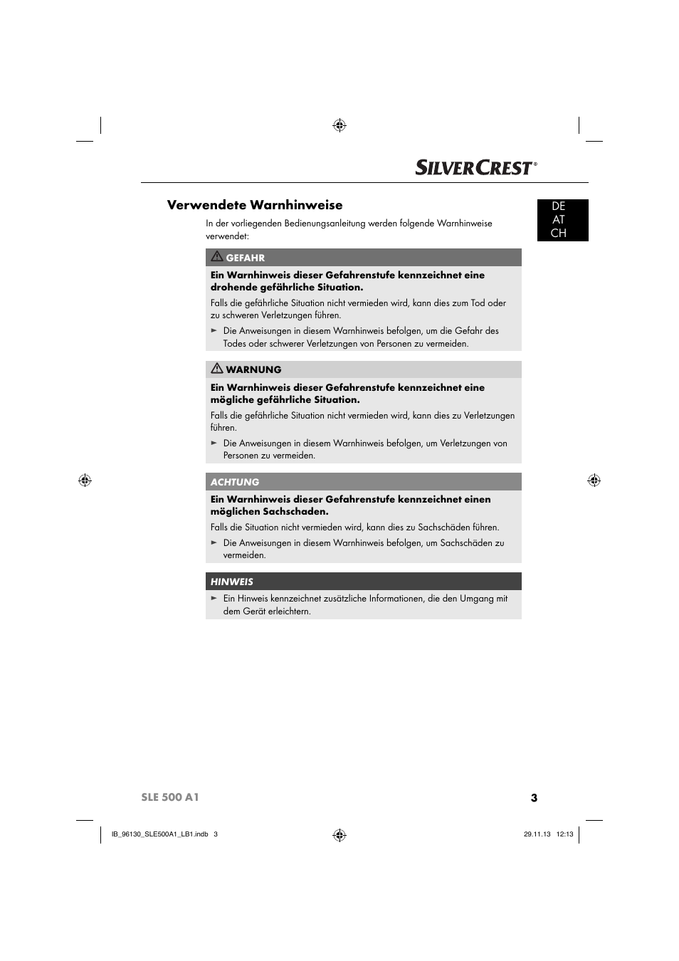 Verwendete warnhinweise, De at ch | Silvercrest SLE 500 A1 User Manual | Page 6 / 52