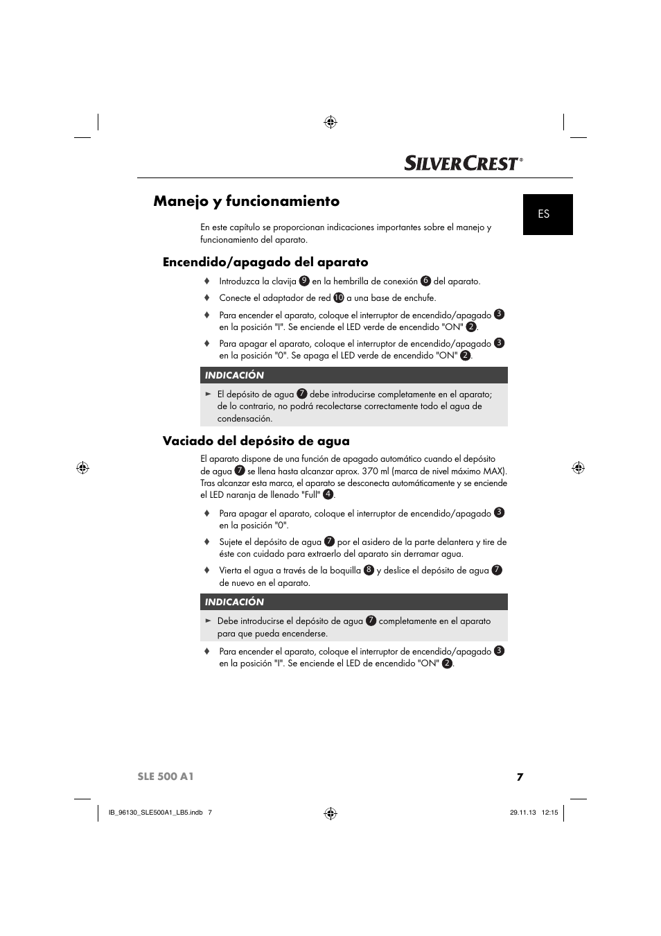Manejo y funcionamiento, Encendido/apagado del aparato, Vaciado del depósito de agua | Silvercrest SLE 500 A1 User Manual | Page 10 / 52