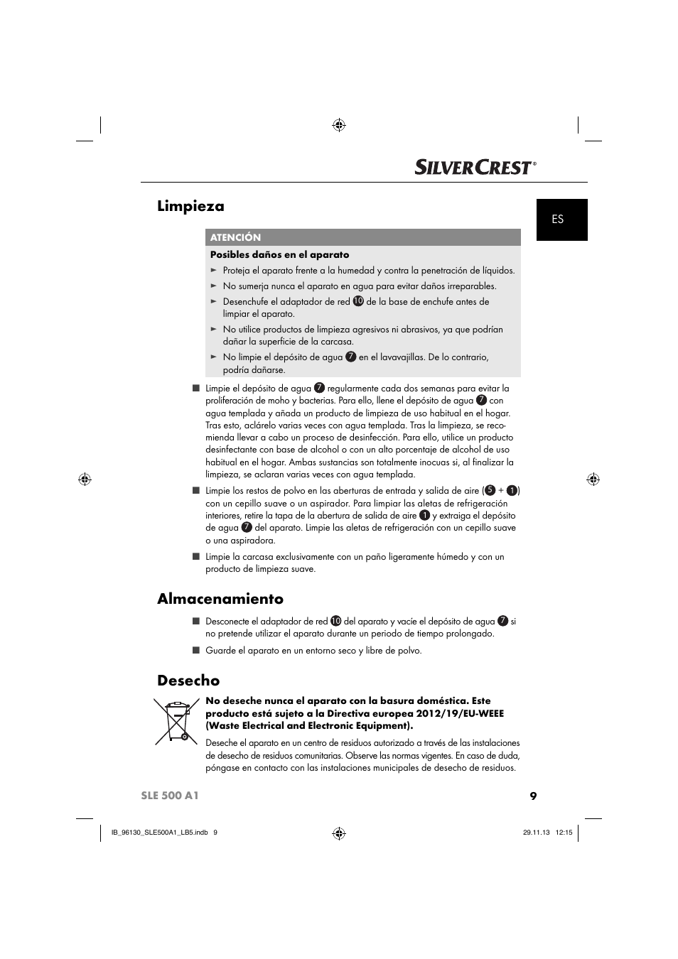 Limpieza, Almacenamiento, Desecho | Silvercrest SLE 500 A1 User Manual | Page 12 / 52
