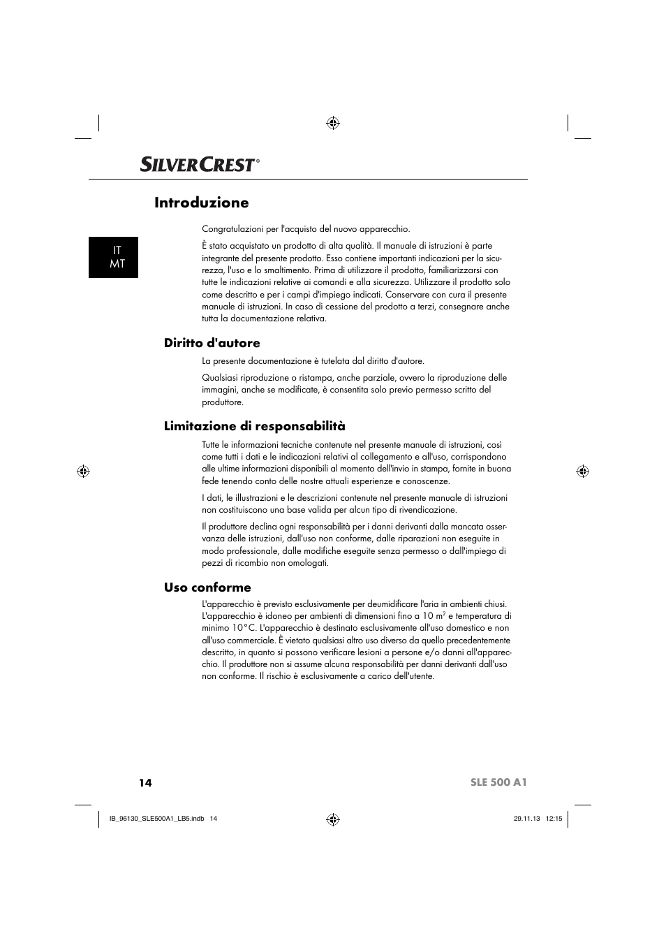Introduzione, Diritto d'autore, Limitazione di responsabilità | Uso conforme, It mt | Silvercrest SLE 500 A1 User Manual | Page 17 / 52
