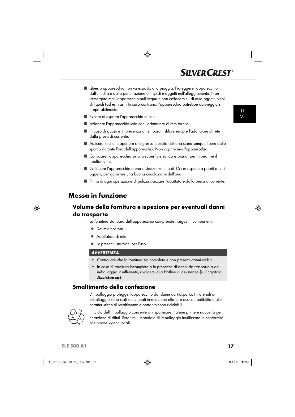 Messa in funzione, Smaltimento della confezione, It mt | Silvercrest SLE 500 A1 User Manual | Page 20 / 52