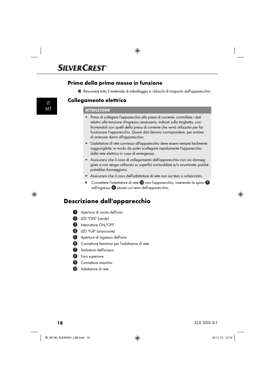 Descrizione dell'apparecchio, Prima della prima messa in funzione, Collegamento elettrico | It mt | Silvercrest SLE 500 A1 User Manual | Page 21 / 52