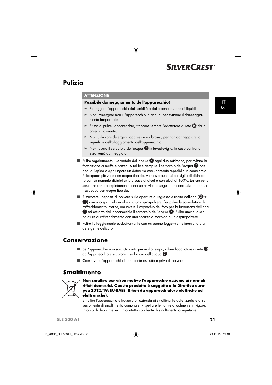 Pulizia, Conservazione, Smaltimento | It mt | Silvercrest SLE 500 A1 User Manual | Page 24 / 52