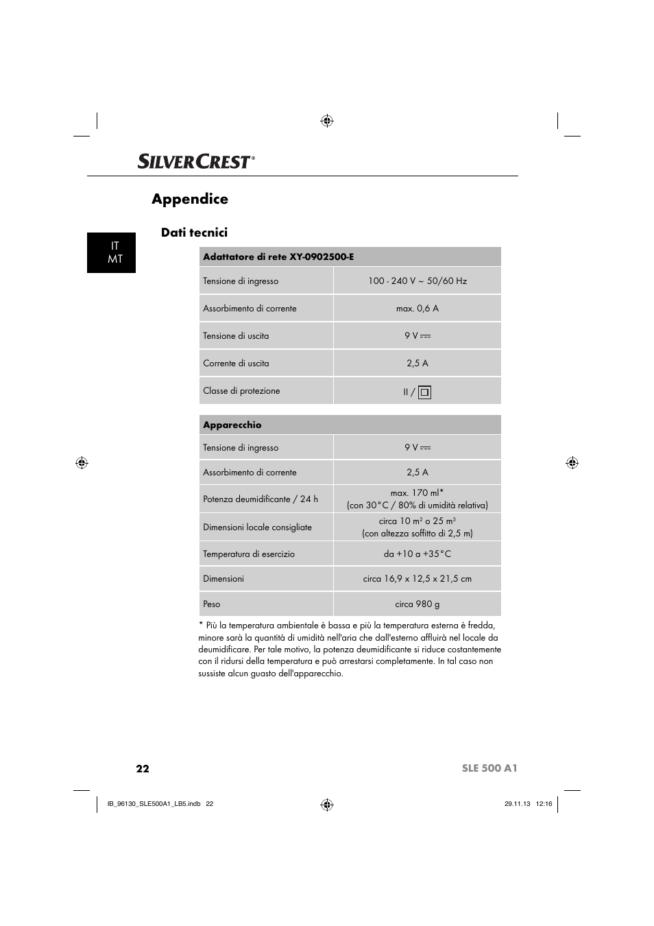 Appendice, Dati tecnici, It mt | Silvercrest SLE 500 A1 User Manual | Page 25 / 52