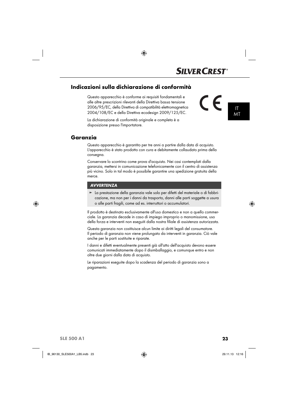 Indicazioni sulla dichiarazione di conformità, Garanzia, It mt | Silvercrest SLE 500 A1 User Manual | Page 26 / 52