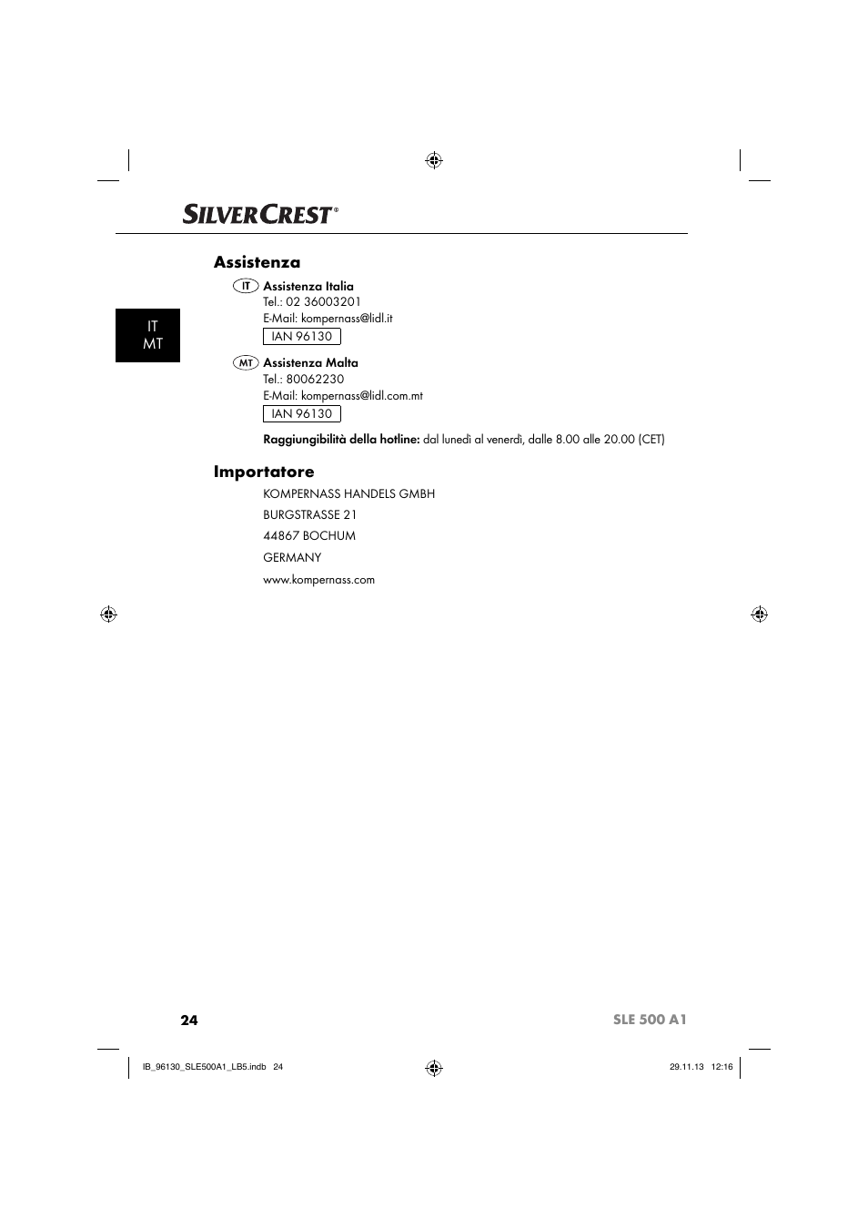 Assistenza, Importatore, It mt | Silvercrest SLE 500 A1 User Manual | Page 27 / 52