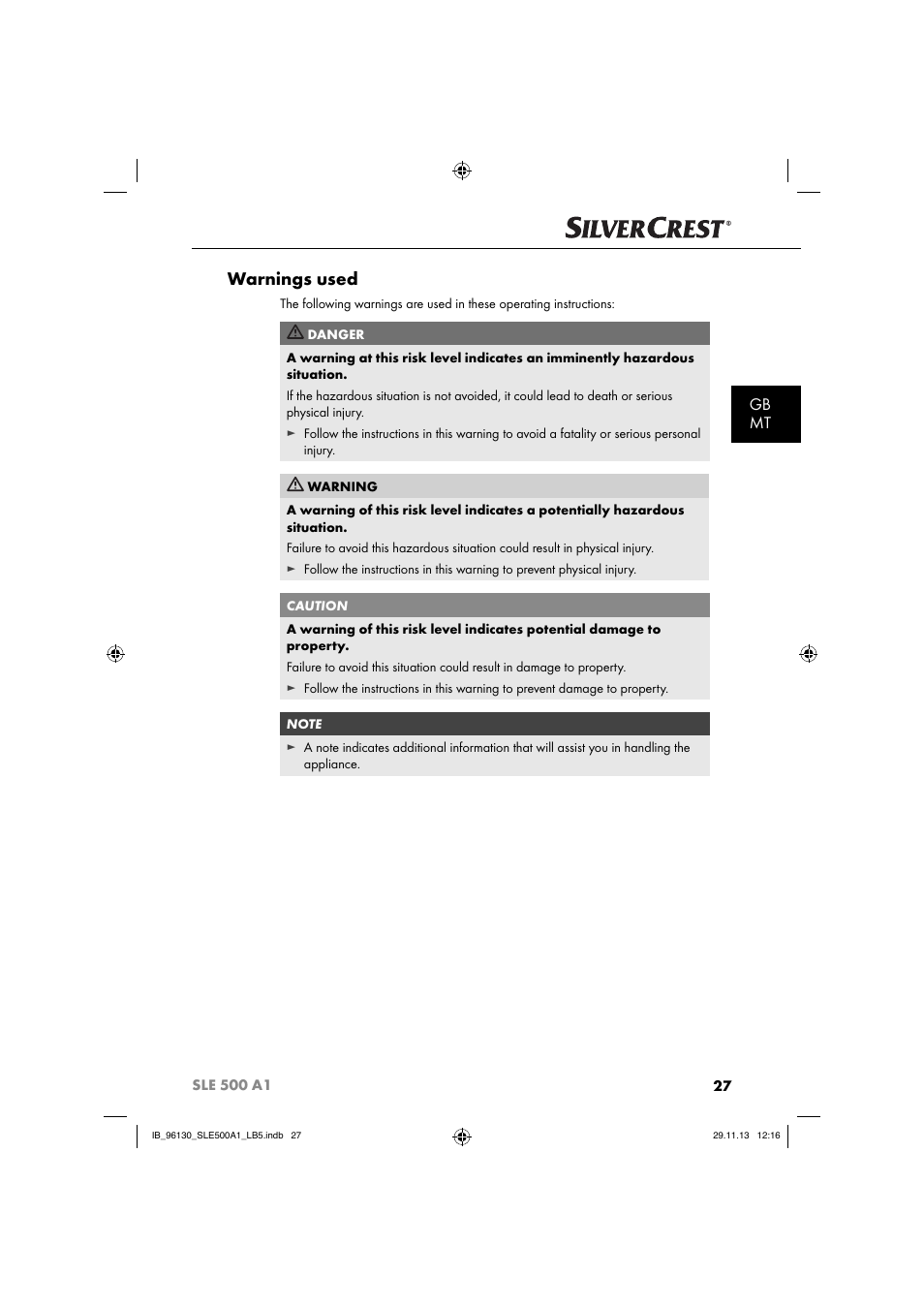Warnings used, Gb mt | Silvercrest SLE 500 A1 User Manual | Page 30 / 52