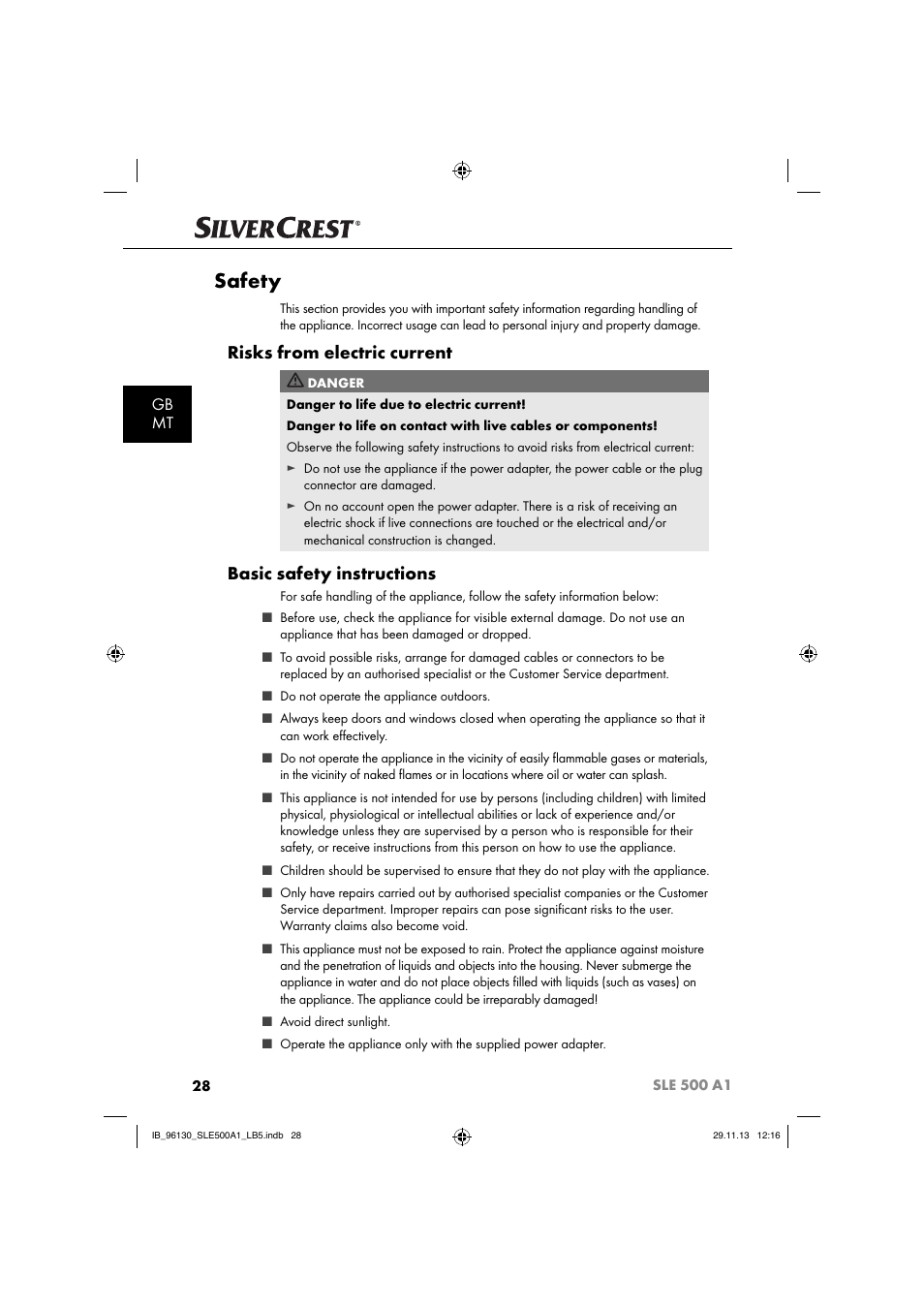 Safety, Risks from electric current, Basic safety instructions | Gb mt | Silvercrest SLE 500 A1 User Manual | Page 31 / 52