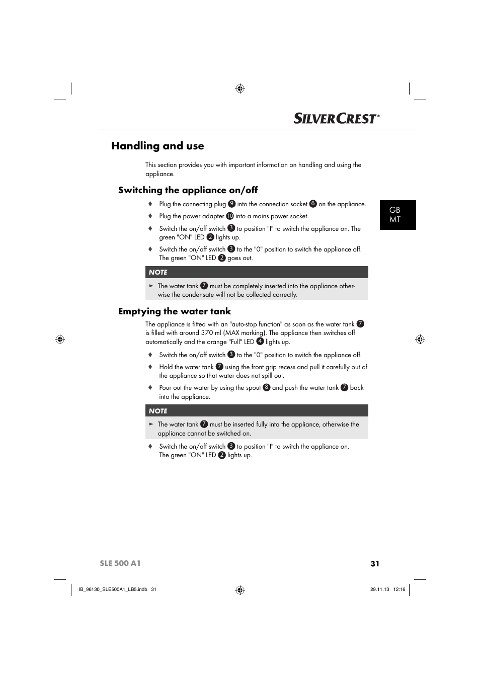 Handling and use, Switching the appliance on/oﬀ, Emptying the water tank | Gb mt | Silvercrest SLE 500 A1 User Manual | Page 34 / 52