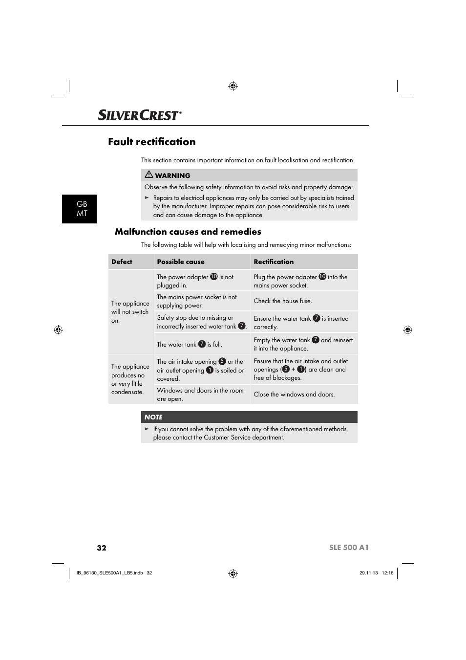 Fault rectiﬁ cation, Malfunction causes and remedies, Gb mt | Silvercrest SLE 500 A1 User Manual | Page 35 / 52
