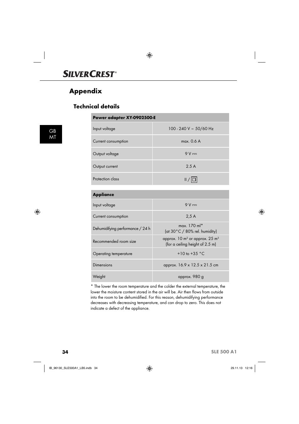 Appendix, Technical details, Gb mt | Silvercrest SLE 500 A1 User Manual | Page 37 / 52