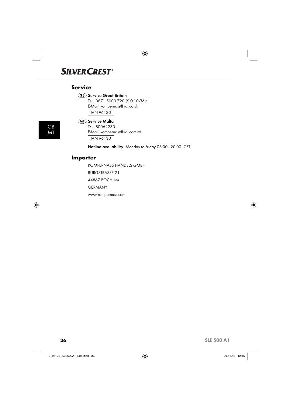 Service, Importer, Gb mt | Silvercrest SLE 500 A1 User Manual | Page 39 / 52