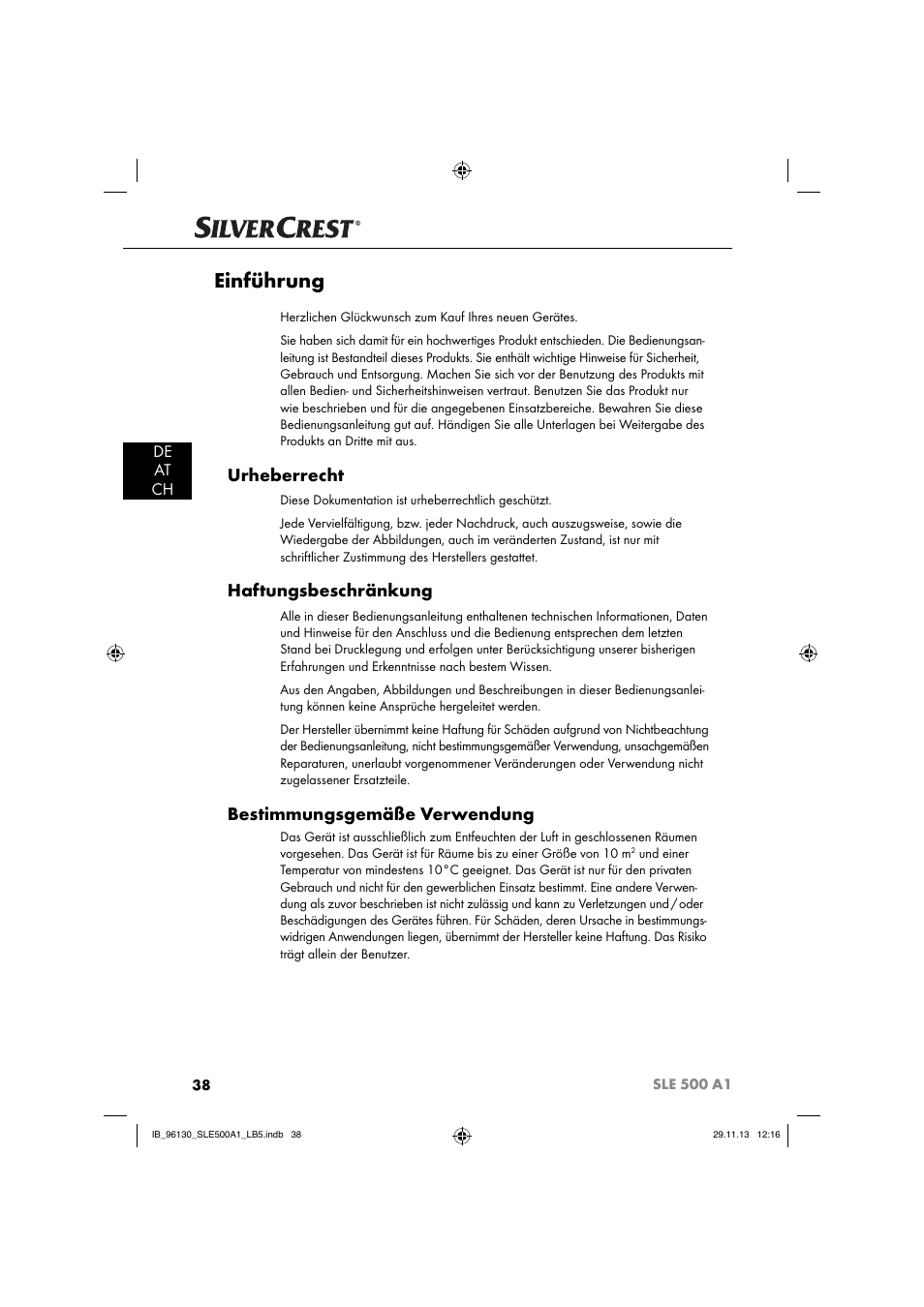 Einführung, Urheberrecht, Haftungsbeschränkung | Bestimmungsgemäße verwendung, De at ch | Silvercrest SLE 500 A1 User Manual | Page 41 / 52