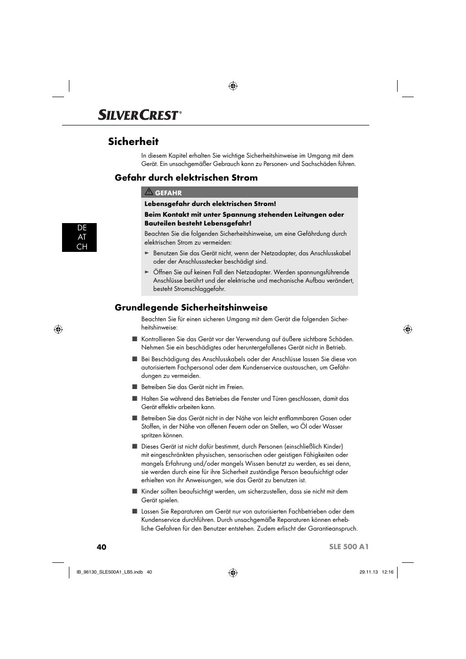 Sicherheit, Gefahr durch elektrischen strom, Grundlegende sicherheitshinweise | De at ch | Silvercrest SLE 500 A1 User Manual | Page 43 / 52