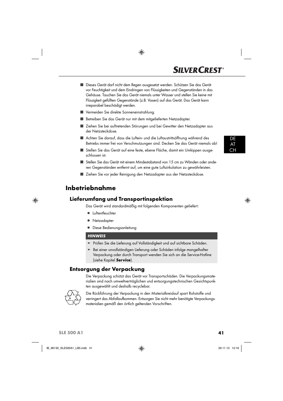 Inbetriebnahme, Lieferumfang und transportinspektion, Entsorgung der verpackung | De at ch | Silvercrest SLE 500 A1 User Manual | Page 44 / 52
