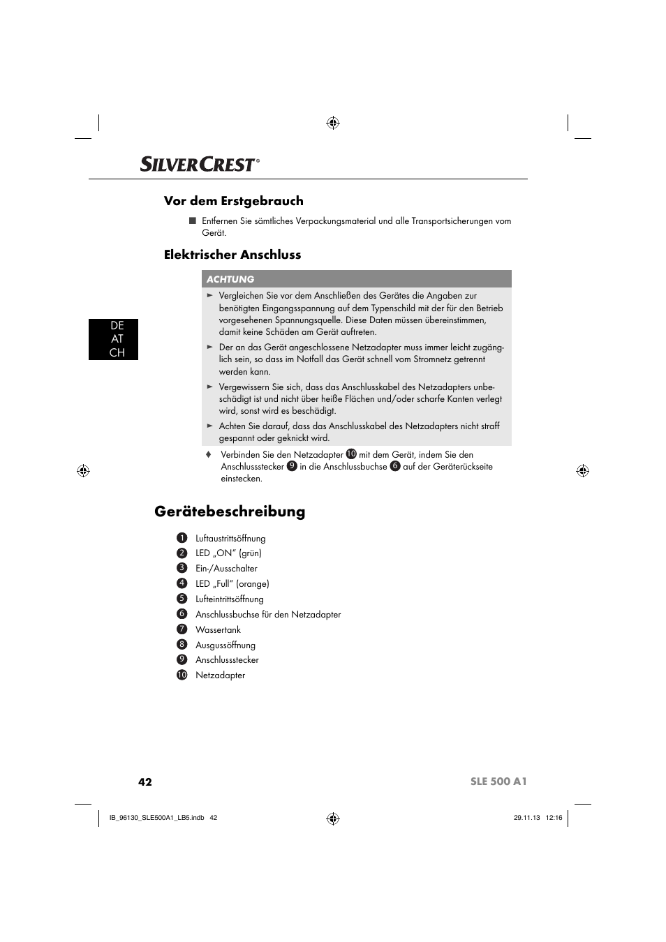 Gerätebeschreibung, Vor dem erstgebrauch, Elektrischer anschluss | De at ch | Silvercrest SLE 500 A1 User Manual | Page 45 / 52