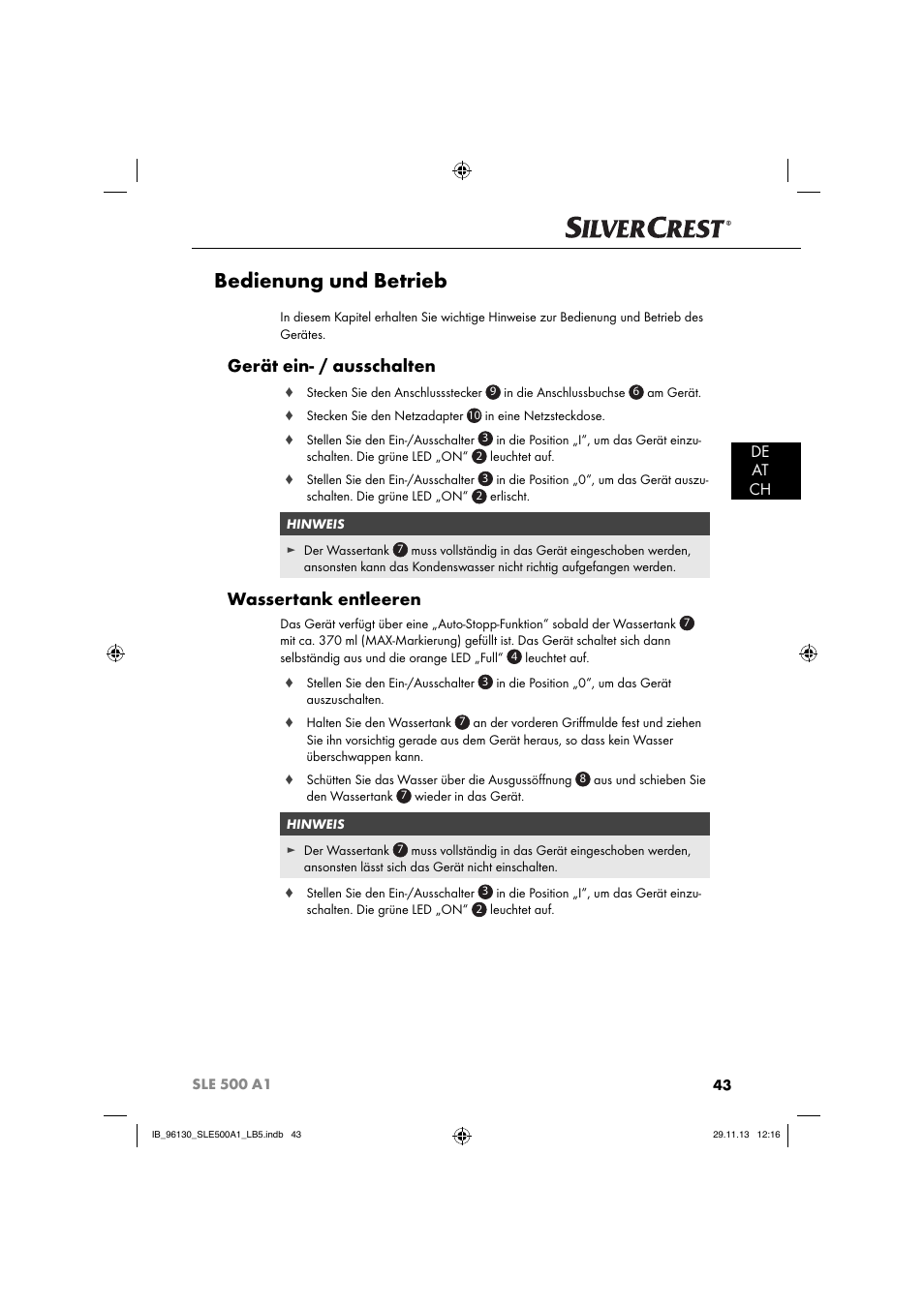 Bedienung und betrieb, Gerät ein- / ausschalten, Wassertank entleeren | De at ch | Silvercrest SLE 500 A1 User Manual | Page 46 / 52