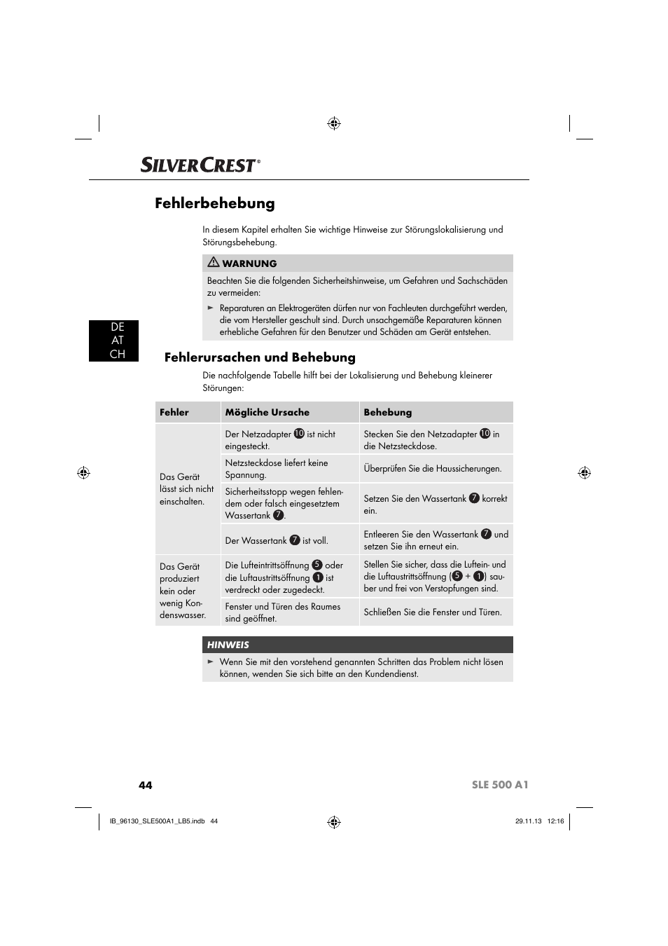 Fehlerbehebung, Fehlerursachen und behebung, De at ch | Silvercrest SLE 500 A1 User Manual | Page 47 / 52