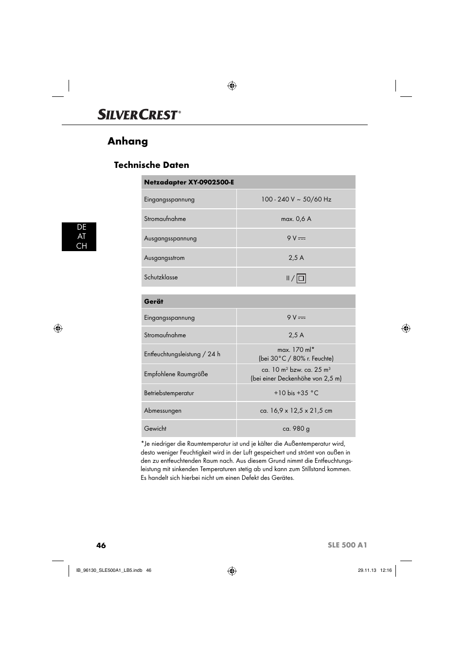 Anhang, Technische daten, De at ch | Silvercrest SLE 500 A1 User Manual | Page 49 / 52