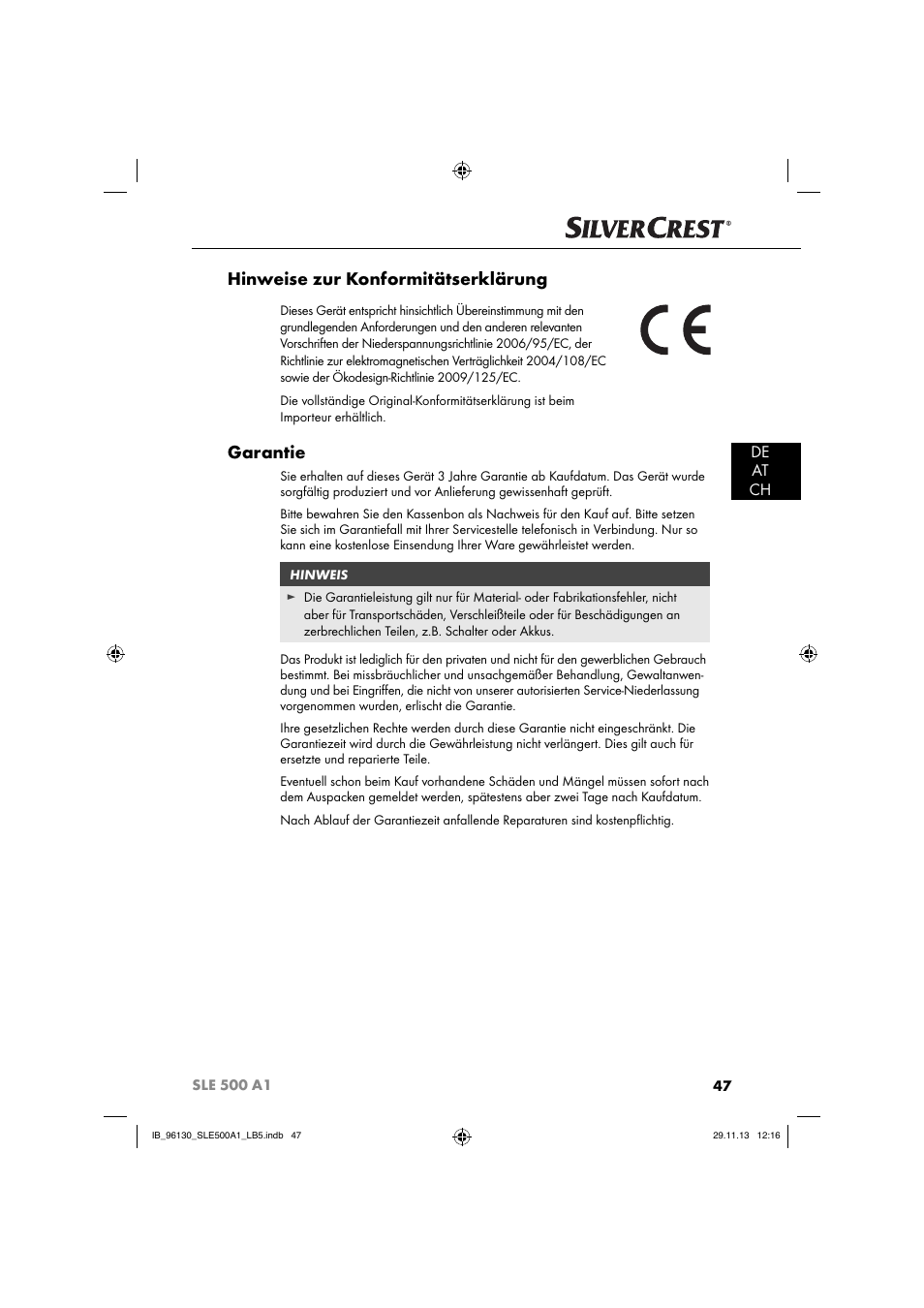 Hinweise zur konformitätserklärung, Garantie, De at ch | Silvercrest SLE 500 A1 User Manual | Page 50 / 52