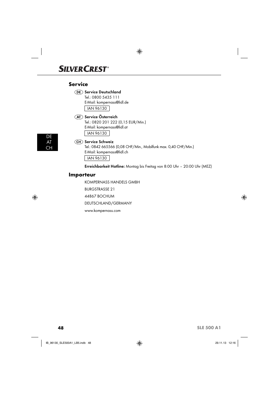 Service, Importeur, De at ch | Silvercrest SLE 500 A1 User Manual | Page 51 / 52