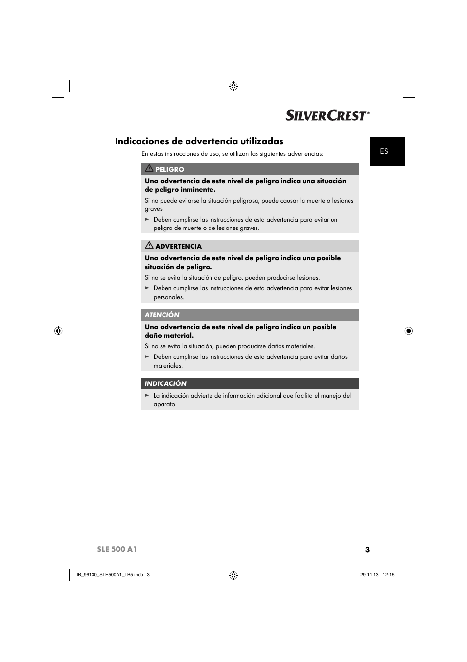 Indicaciones de advertencia utilizadas | Silvercrest SLE 500 A1 User Manual | Page 6 / 52