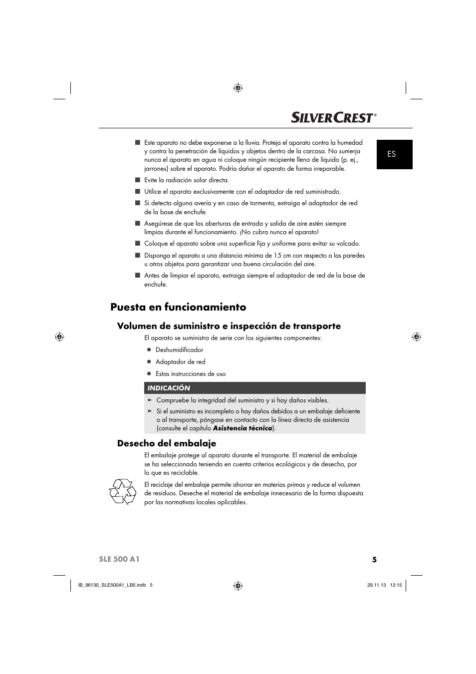 Puesta en funcionamiento, Volumen de suministro e inspección de transporte, Desecho del embalaje | Silvercrest SLE 500 A1 User Manual | Page 8 / 52