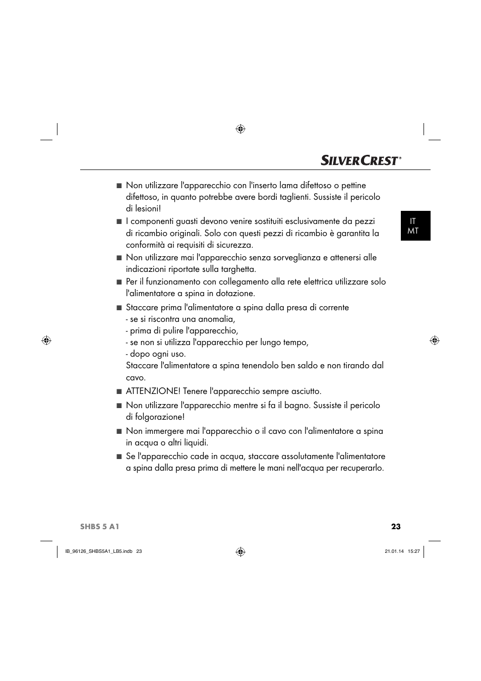 Attenzione! tenere l'apparecchio sempre asciutto | Silvercrest SHBS 5 A1 User Manual | Page 26 / 94